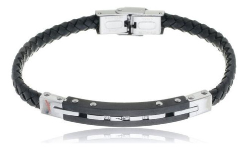 Bracelete Aço 21cm Couro Preto Trançado 6mm Placa 53mm Steel