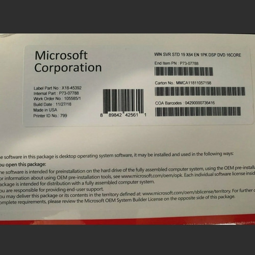 Licencia Windows Server 2019 Standard Oem Coa 16 Core 2vm