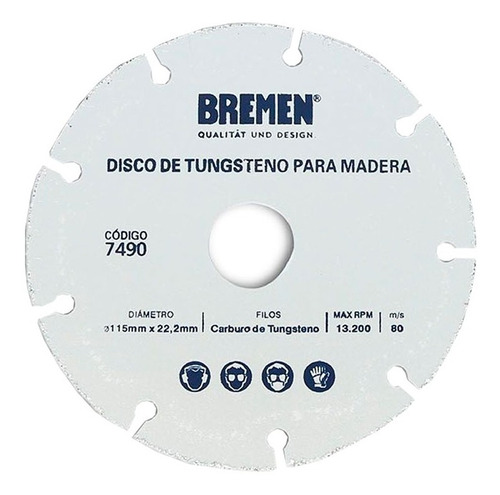 Disco De Corte Amoladora Tungsteno Madera 115 Mm Bremen 7490