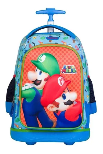 Mochila Con Ruedas De Luz Led Grande Mario Bros Bigs Color Azul