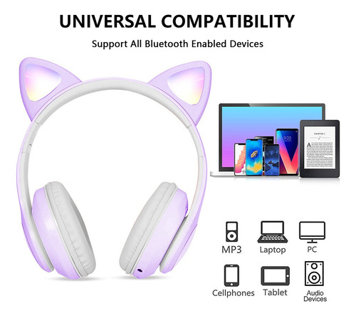 Audifonos Orejas De Gato Bluetooth 5.1 Led Diadema Ninos Color Violeta