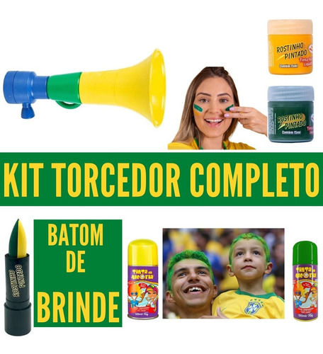 Kit Torcedor Copa Mundo Brasil Corneta Tinta Verde Amarelo