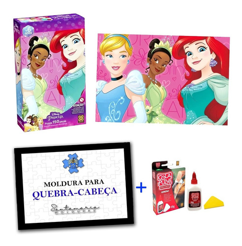 Kit Quebra-cabeça Princesas Disney Cola Puzzle Moldura Grow
