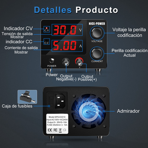 Fonte de alimentação variável Nice-Power 3 Display LED digital ajustável regulado 30 V 10 A, cor branca