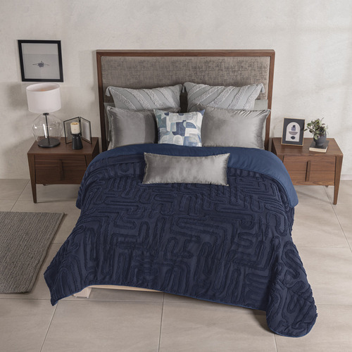 Juego De Edredon Matrimonial / Queen Size Budapest Azul Marino Vianney Textura