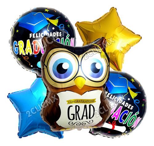 5 Globos Metálico Graduación Redondo Estrella Azul Mayoreo