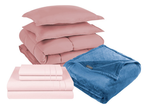Pack Cobertor Rosa+sabana+frazada Azul King 3 Piezas 3angeli Color Rosa Liso