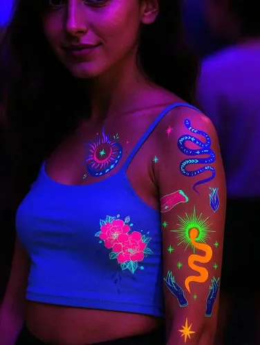 10 Hojas De Tatuajes Temporales Luminosos | Temática Musical: Micrófono, Notas Y Auriculares | Brillan En La Oscuridad | Duración De 3 A 7 Días