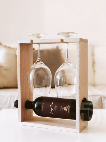 Soporte Para Vinos De Encino, Estante De 1 Botella Y Copas
