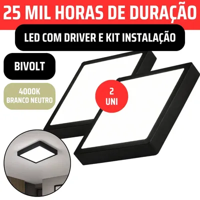 Kit 2x Plafon Led Quadrado 4000K Branco Neutro Sobrepor Estrutura Preta Bivolt 110v/220v Painel Luminária Driver 18w Slim 20x20 Comercial Residencial Corredor Escritório Forro Gesso Vmd Homecenter