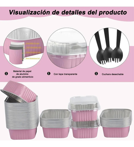BANNA 50 Molde Para Tarta De Aluminio Desechable Con Tapa+cuchara,5 oz Mini Moldes para Tartas, Moldes Cuadrados de Foil para Tartas de Bodas, Fiestas y Cumpleaños, 9*9*3.5cm,Rosa
