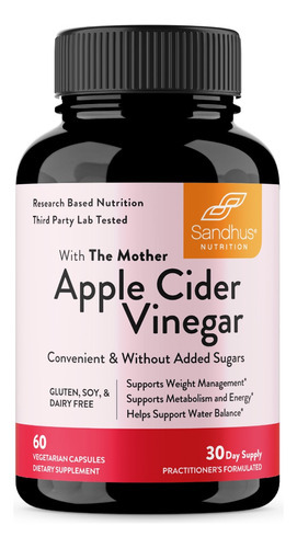 Sandhus Apple Cider Vinegar, Vinagre De Manzana 60caps Sabor Sin Sabor