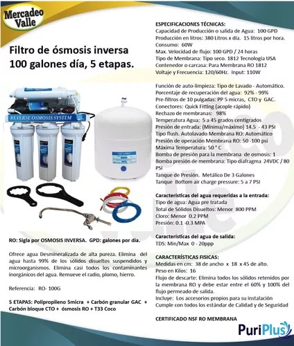 Purificador de Agua por Osmosis Inversa 5 etapas con bomba