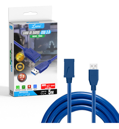 Cabo Extensor Usb 3.0 Macho 5 Metros Cor Azul Lumi