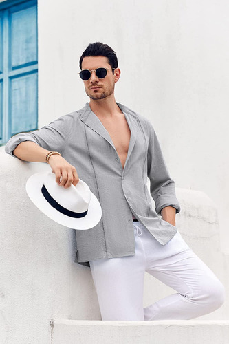 Camisa Solta Casual De Linho Com Botão Manga Comprida Casal