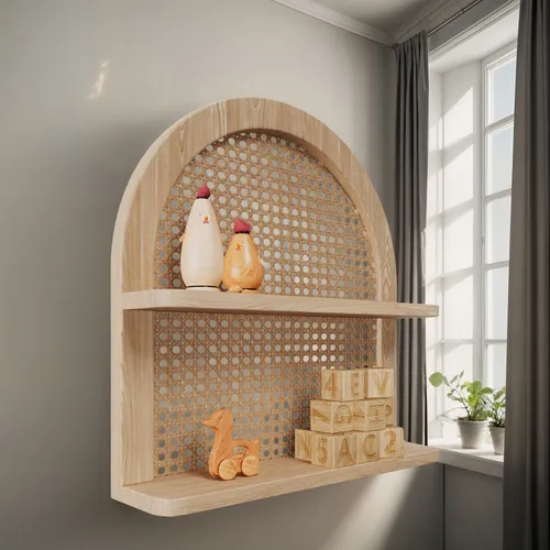 Estante De Pared De Ratan Con Forma De Abanico De 2 Niveles,
