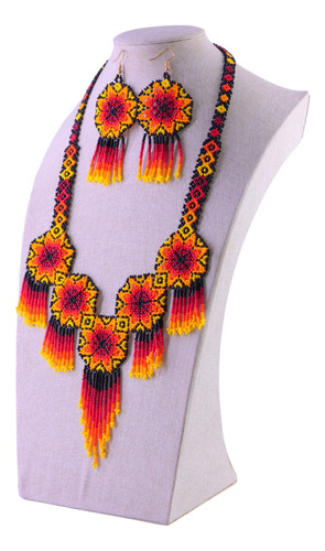 Hermoso Collar Y Aretes Dama Arte Huichol