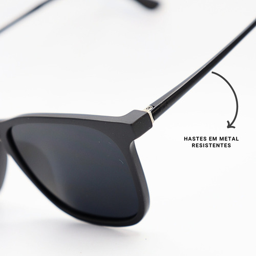 Óculos De Sol Quadrado Premium Acetato Metal Proteção Uv400 Cor Preto Armação Preto Haste Preto Lente Preto Desenho Preto Fosco