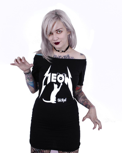 Vestido Manga Corta - Meow Gato Rock Goth Alternativo