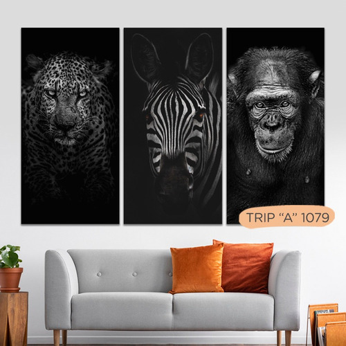 Imagen 2 de 10 de Cuadros Animales Triptico Fotos Modernos 100x90 Tela