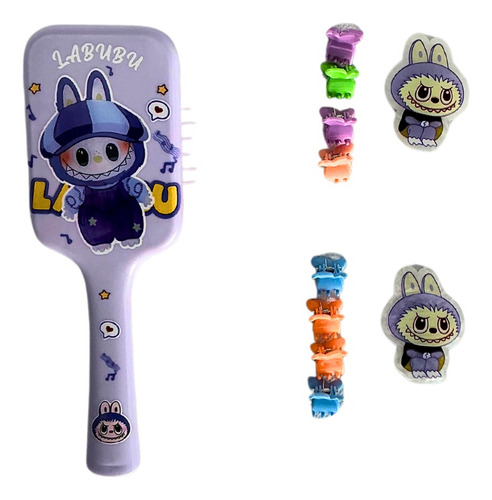 Kit Cepillo Labubu Con 2 Pasadores Y 4 Minipinzas Morado