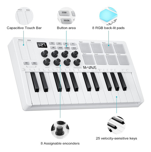 M-vave Teclado Controlador Midi De 25 Teclas Piano Mini Usb