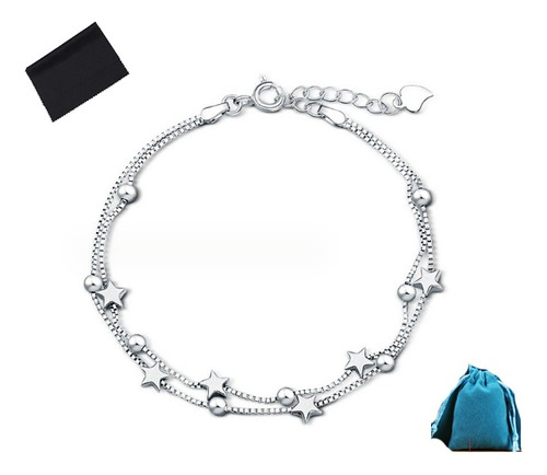 Pulsera Estrellas Y Esferas De Plata Ley 925 + Bolsa + Paño