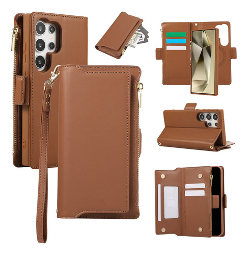 Funda Tipo Cartera Con Cierre Para Samsung Galaxy S23 Fe S24 S22 S21 S20, De Lujo, Multifunción, 6 Tarjetas, Piel Con Cordón Shou