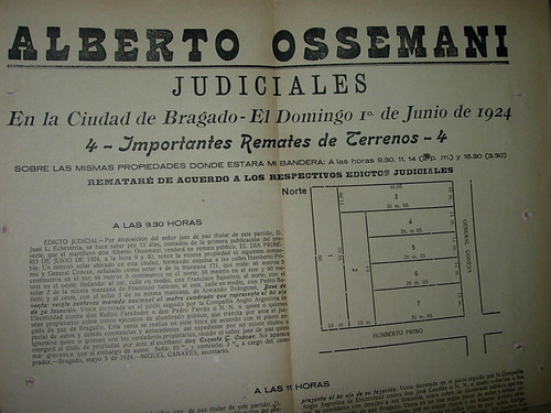 Antiguo Cartel Remate Judicial Bragado Ossemani 1924 Terreno