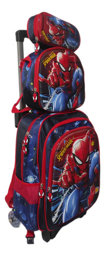 Mochila Lonchera Y Lapicera Spiderman Primaria Con Ruedas O Llantas Azul Marino