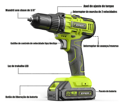 Zper Parafusadeira Furadeira De Impacto Profissional 21v