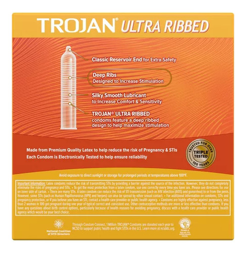 Trojan Condones Ultra Ribbed De Latex Lubricados 3 Pzas