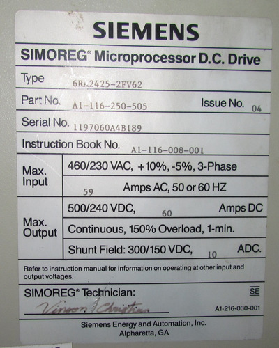 Siemens Simoreg Microprocessor D.c. Drive, 6ra2425-2fv62 (Usado)