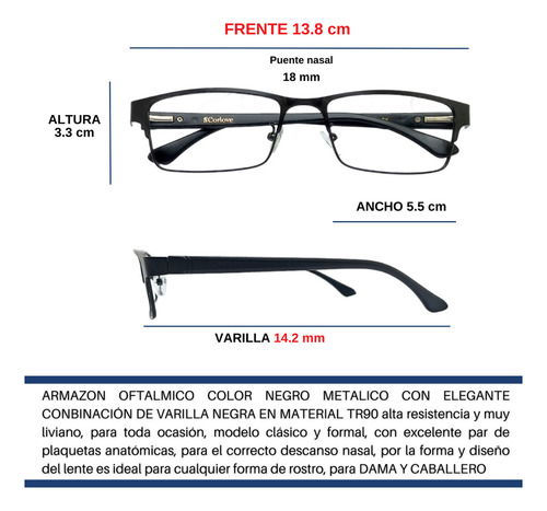 Lente lectura vista cansada armazon oftalmico mujer hombre color negro metalico 2.0