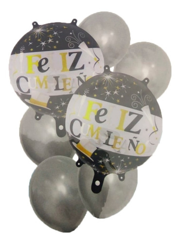 Set 7 Globos Foil Latex Feliz Cumpleaños Negro Plata Galera