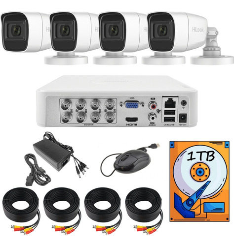Kit Circuito Cerrado HiLook Dvr 8 Canales 4 Cámaras Thc-b120-ps 1080p 2mp Audio Integrado Cable Coaxial 18mts + Hdd 1tb