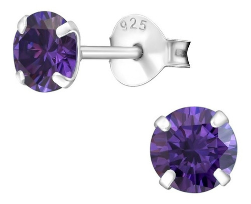 Aros Circon Brillante Plata 925 Violeta Morado Amatista 5 Mm