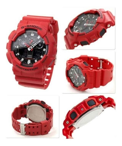 Imagen 4 de 7 de Reloj de pulsera Casio G-Shock GA-100 de cuerpo color rojo, analógico-digital, para hombre, fondo negro, con correa de resina color rojo, agujas color blanco y rojo, dial blanco, subesferas color negro y gris, minutero/segundero blanco, bisel color rojo y negro y hebilla doble