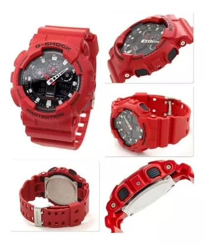 Reloj pulsera Casio G-Shock GA100 de cuerpo color rojo, analógico-digital,  para hombre, fondo negro, con correa de resina color rojo, agujas color  blanco y rojo, dial blanco, subesferas color negro y gris