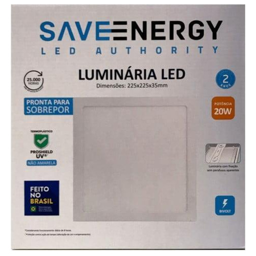 Plafon Led 20cm Sobrepor Quadrado Branco Frio Save Energy