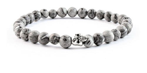 Pulsera Jaspe Gris 6mm Con Calavera Moda Hombre Mujer 2020