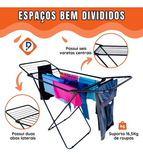 Imagem 3 de 8 de Varal De Chão Com Abas Dobrável Reforçado Preto 16,5kg