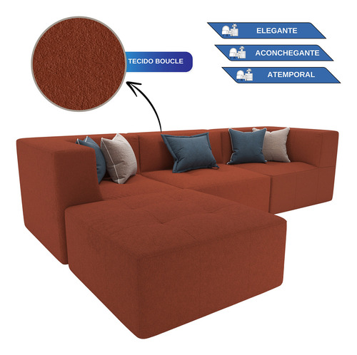 Puff Sofá Modular 2 Braços Terracota 3 Lugares E Chaise Bilateral Design Contemporâneo Na Caixa Ideal Para Salas Modernas