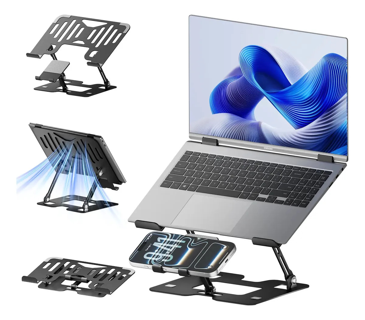 Basike suporte de metal ajustável Para notebook Tablet e Celular 2 Em 1 Suporte Mesas Para Laptop e Macbook Portátil Dobrável De Alumínio Ergonômic de 10 a 17 polegadas com furos de refrigeração preto — foto 1 de 12
