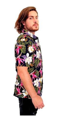 Imagen 3 de 7 de Camisa Hawaiana Azul Y Fucsia