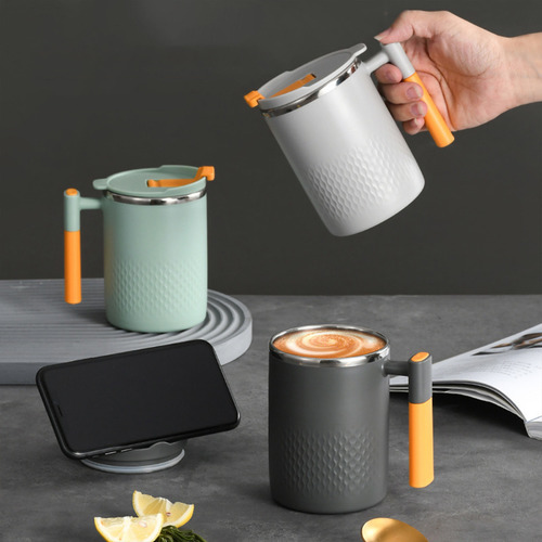 Taza Q De Acero Inoxidable Con Tapa Y Asa, 450 Ml, Reutiliza