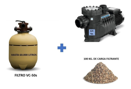 Kit De 60m3 Filtro Vc-50s + Bomba 3/4 Hp + 100 Kg De Arena 