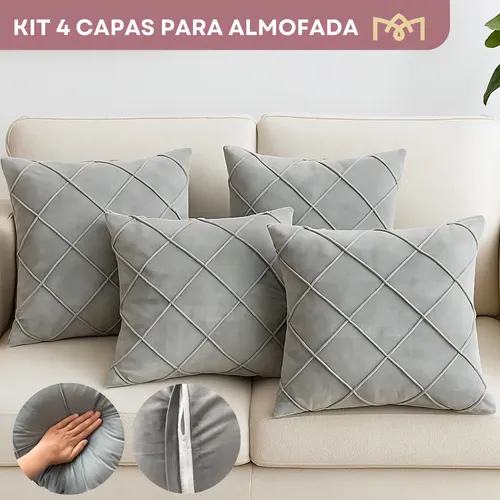 Kit 4 Capa Almofada Suede Toque Macio Luxo Veludo 40x40 Decoração Cama Sofá Cor Cinza