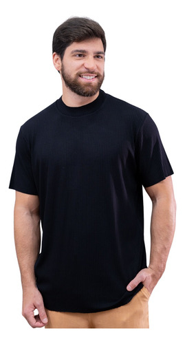 Camiseta Masculina Gola Média Canelada Preta Gola Alta
