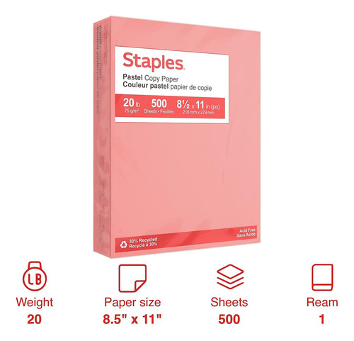 Papel De Copia Staples 678824, Color Salmón Pastel, 8.5 X 11